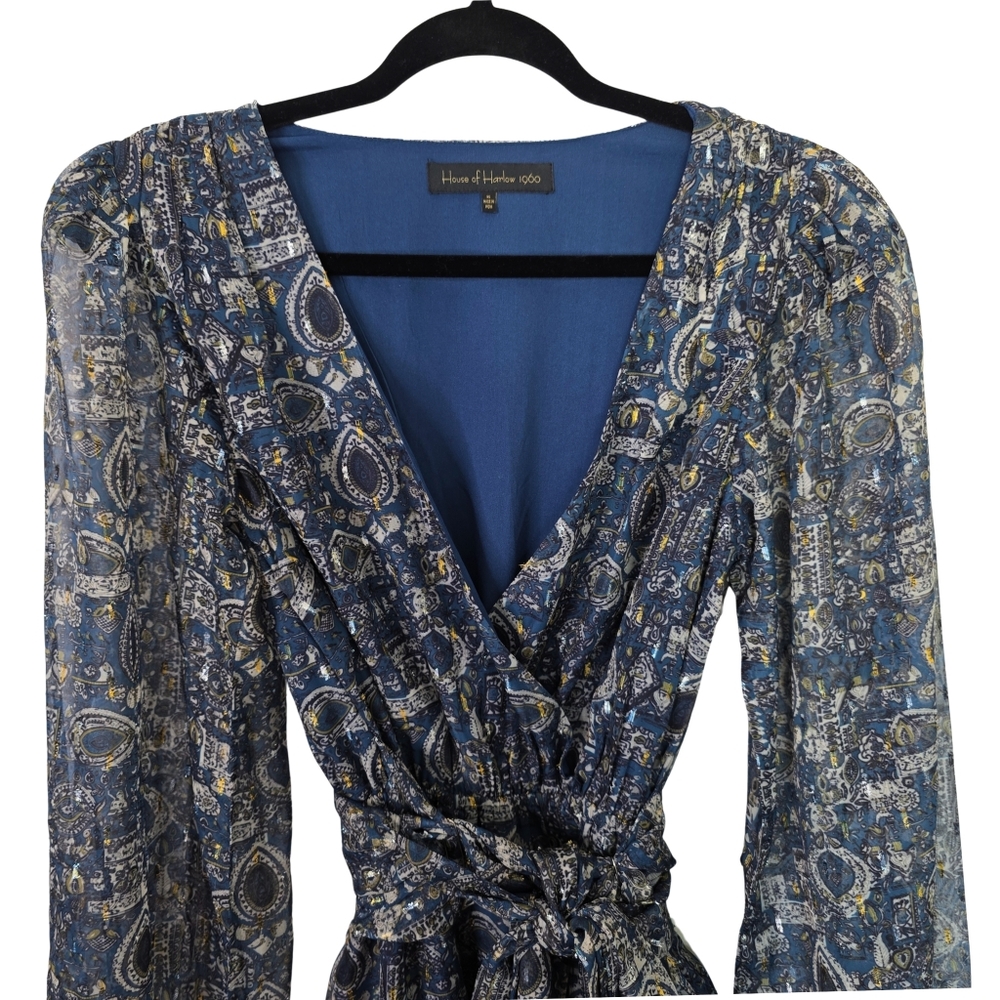 House of Harlow 1960 "Alba" Blue Mosaic Surplice Mini Dress | Size XS | - Picture 5 of 15